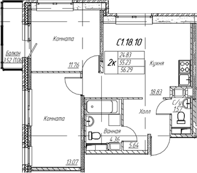 2-комнатная квартира 56.29 м², 18/22 эт., ЖК «Парк-квартал Юнтолово»